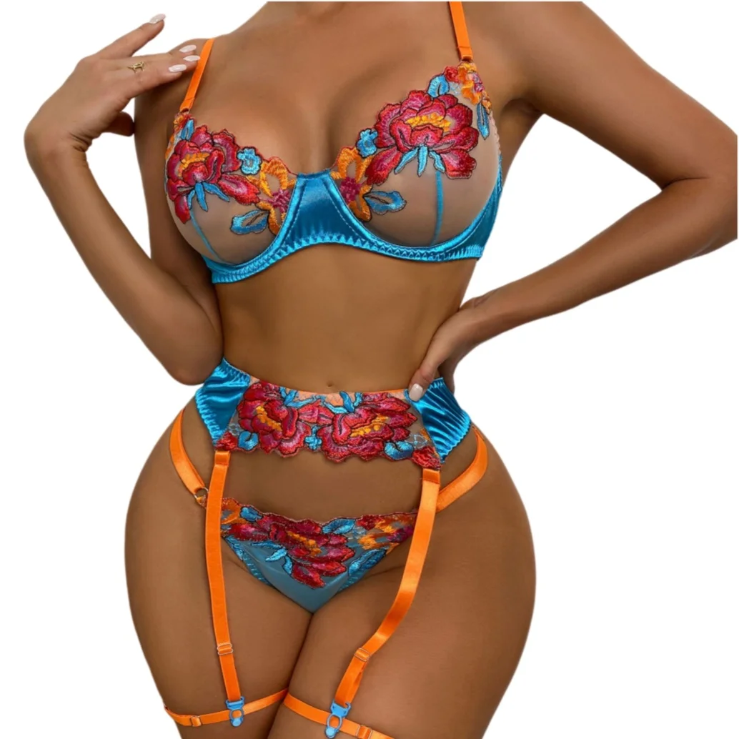 Luxury Embroidery Lingerie Three Piece Sets Sexy Mesh Patchwork See Through Bra…
