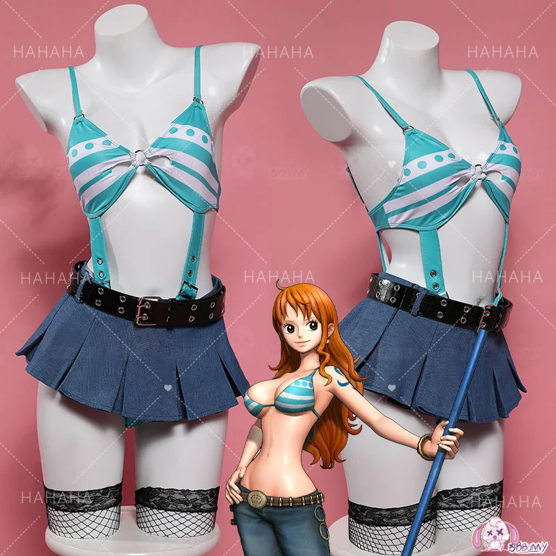 

Anime Piece OP Nami Cosplay Costume Cat Burglar Nami Bikini Fan Sexy Outfit Denim Skirt For Hallowmas Party Adult Women Girl