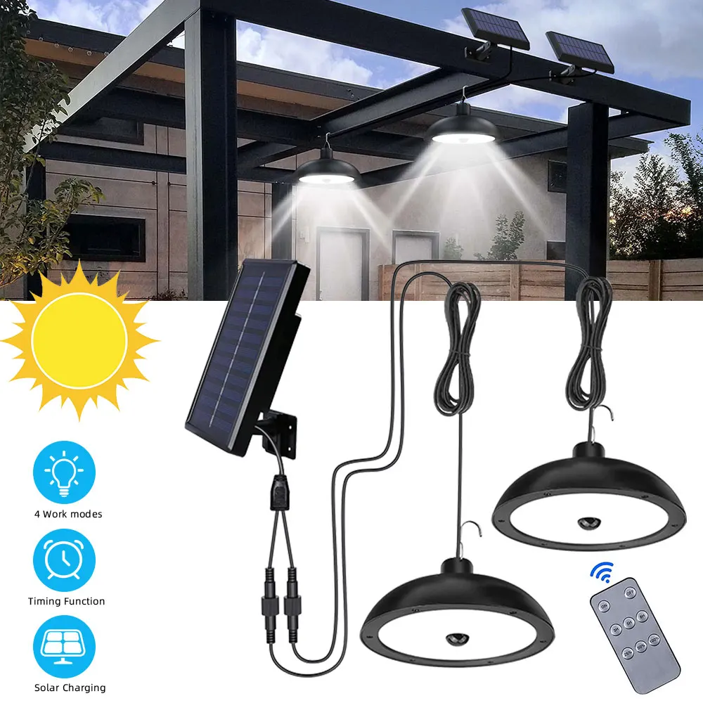 Solar Lights Outdoor Dual Head Solar Shed Light with Remote Control Solar Motion Sensor Lights Solar Pendant Light