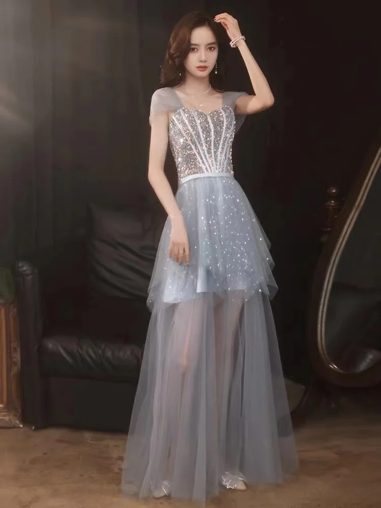 فساتين سهرة زرقاء على شكل حرف a ترتر لامع قبالة الكتف بدون ظهر متدرج بأربطة للولائم الرسمية لضيوف الزفاف وحفلات التخرج رداء حفلات