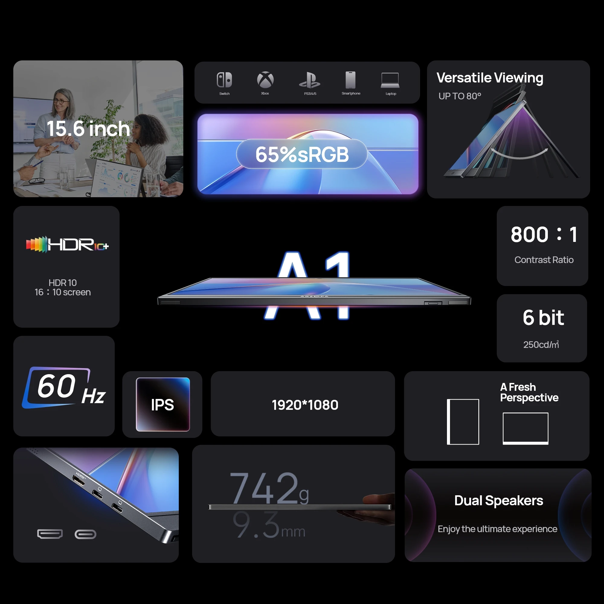 ARZOPA 15,6-calowy przenośny monitor FHD 1080P IPS USB-C Mini-HDMI zewnętrzny drugi ekran do PC/MAC/telefonu/Xbox/PS A1 — zdjęcie produktu 2