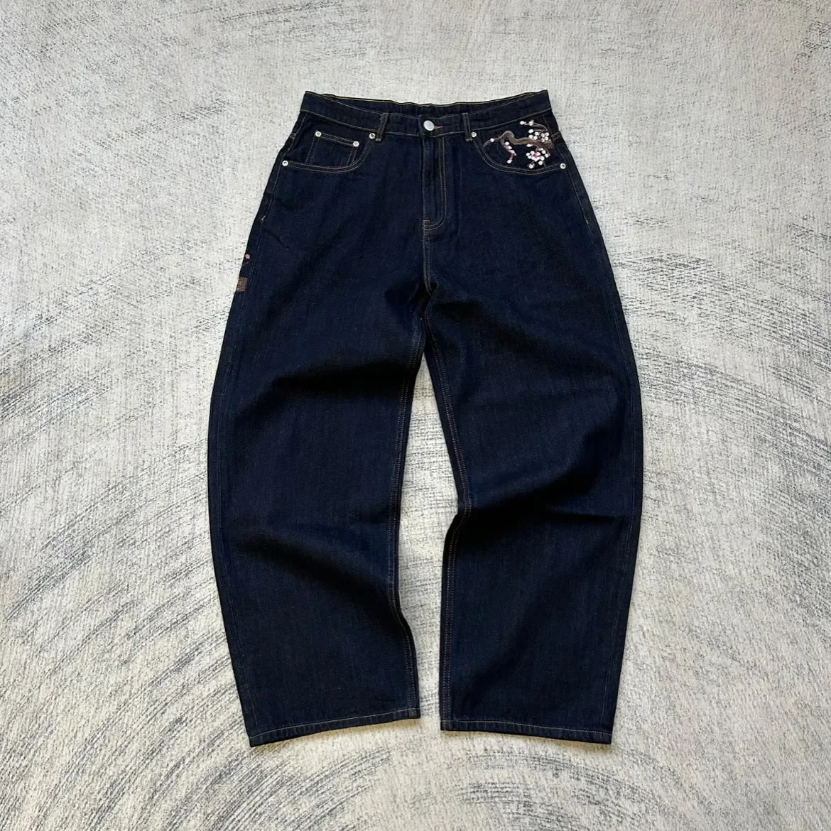Y2K Vintage Low Waist Hip Hop Cherry Blossom Embroidered Jeans  Wide Leg Trousers Clothes Mens Embroidered Baggy Jeans Womes