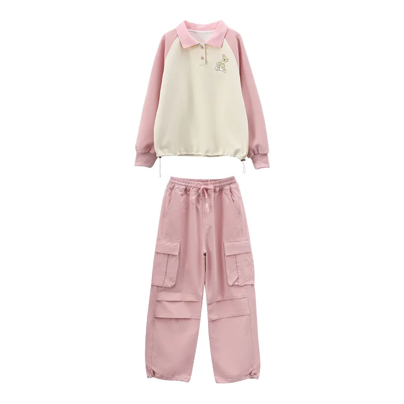 2024 New Girls Casual Sweatshirt Cargo Pants Two Piece Set Korean Fashion Solid Patchwork Sports Children Sets Over 8 Years Old - Image 5