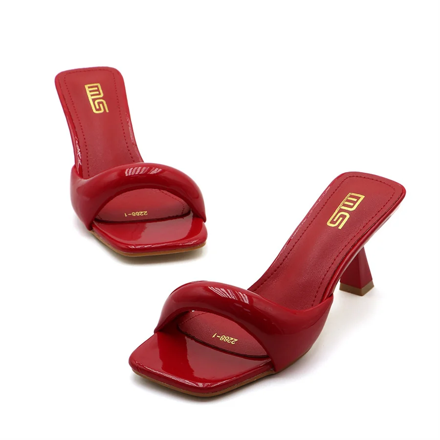 Sexy Red Women 7CM High Heel Slippers Designer Summer Sandals Female Dress Pumps Square Toe Simple Slides Outside Stiletto view 3