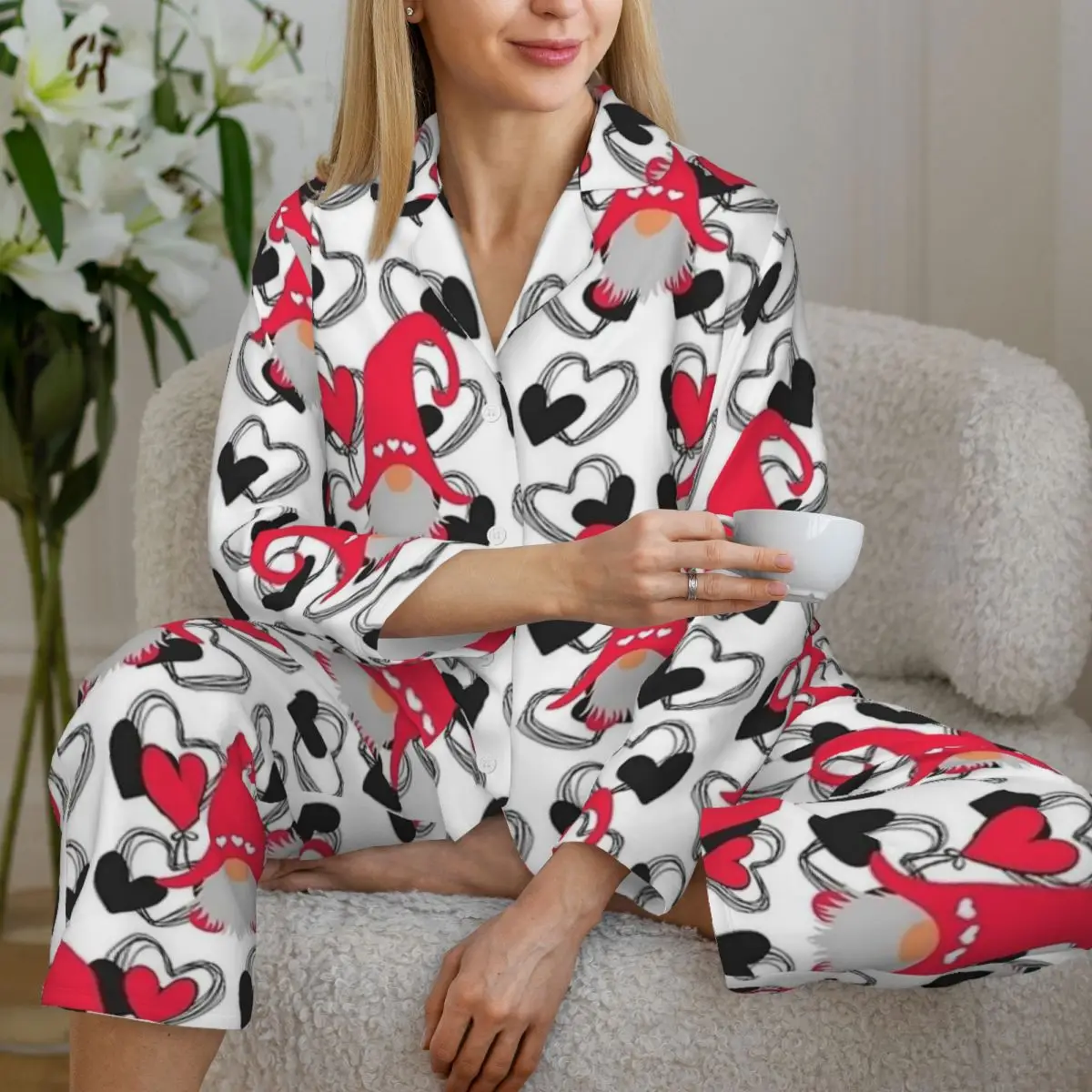 Gnomes With Heart Background Pajama Sets Love Gifts for Valentines Day Sleepwear Women Long-Sleeve Leisure 2 Pieces Nightwear