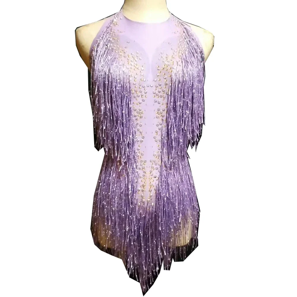 

Purple Shining Rhinestones Tassel Halter Sexy Women Bodysuits Latin Jazz Dance Clothing Nightclub DJ Wear Stage Costumes