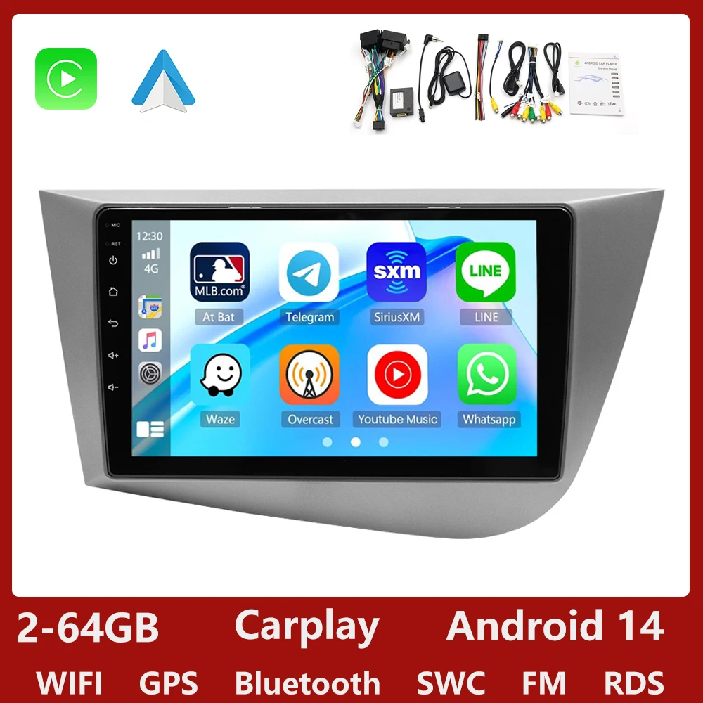 GEARELEC Android 14 autoradio voor Seat Leon 2 MK2 2005-2012 Carplay Draadloos Android Auto Multimedia Videospeler 9 "Touchscreen GPS met WiFi Bluetooth FM/RDS