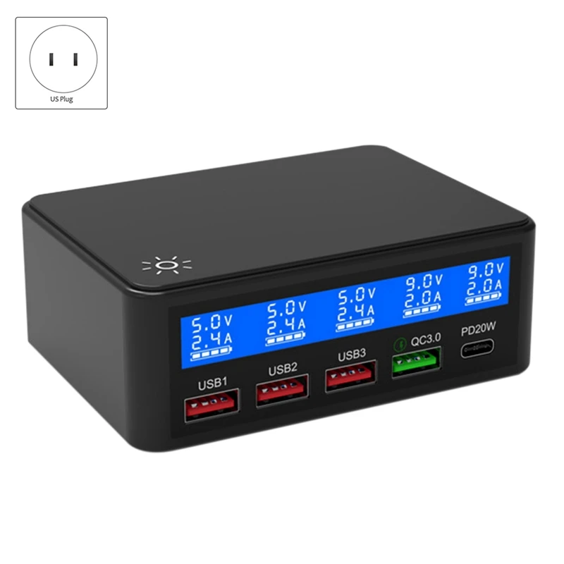 Multi USB Charger PD20W 5-Port LED Display Wall Quick Charger 3.0 Fast Charger Desktop Charging Station-US Plug