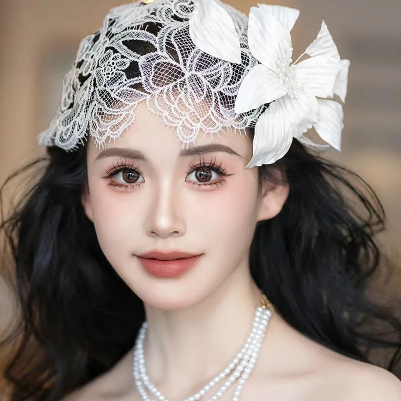 

Vintage Republic style handmade flower hat, lace headpiece, French style temperament, bride shape, wedding dress, studio accesso