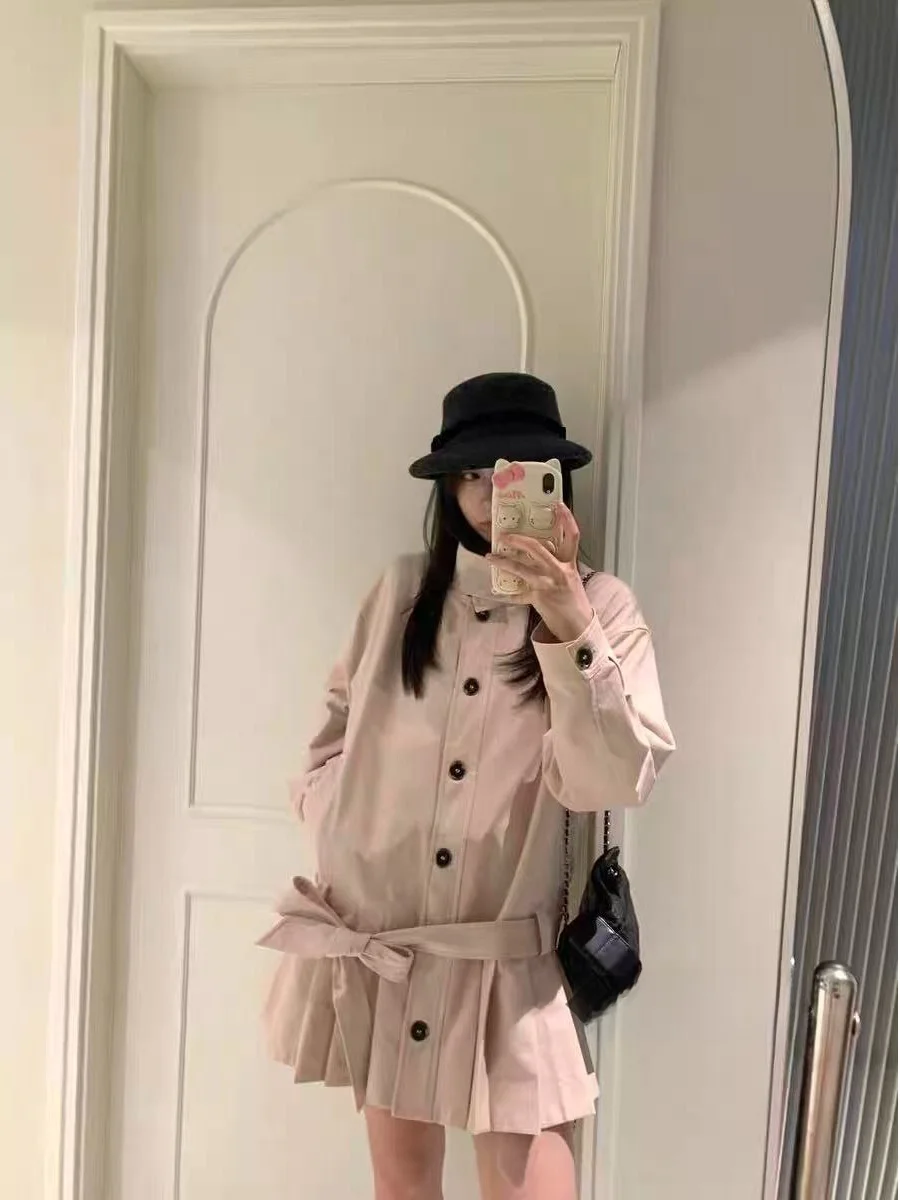 

Розовая ветровка с воротником-стойкой, женская, весенняя, новый дизайн, средней длины, с поясом и узлом, длинный рукав