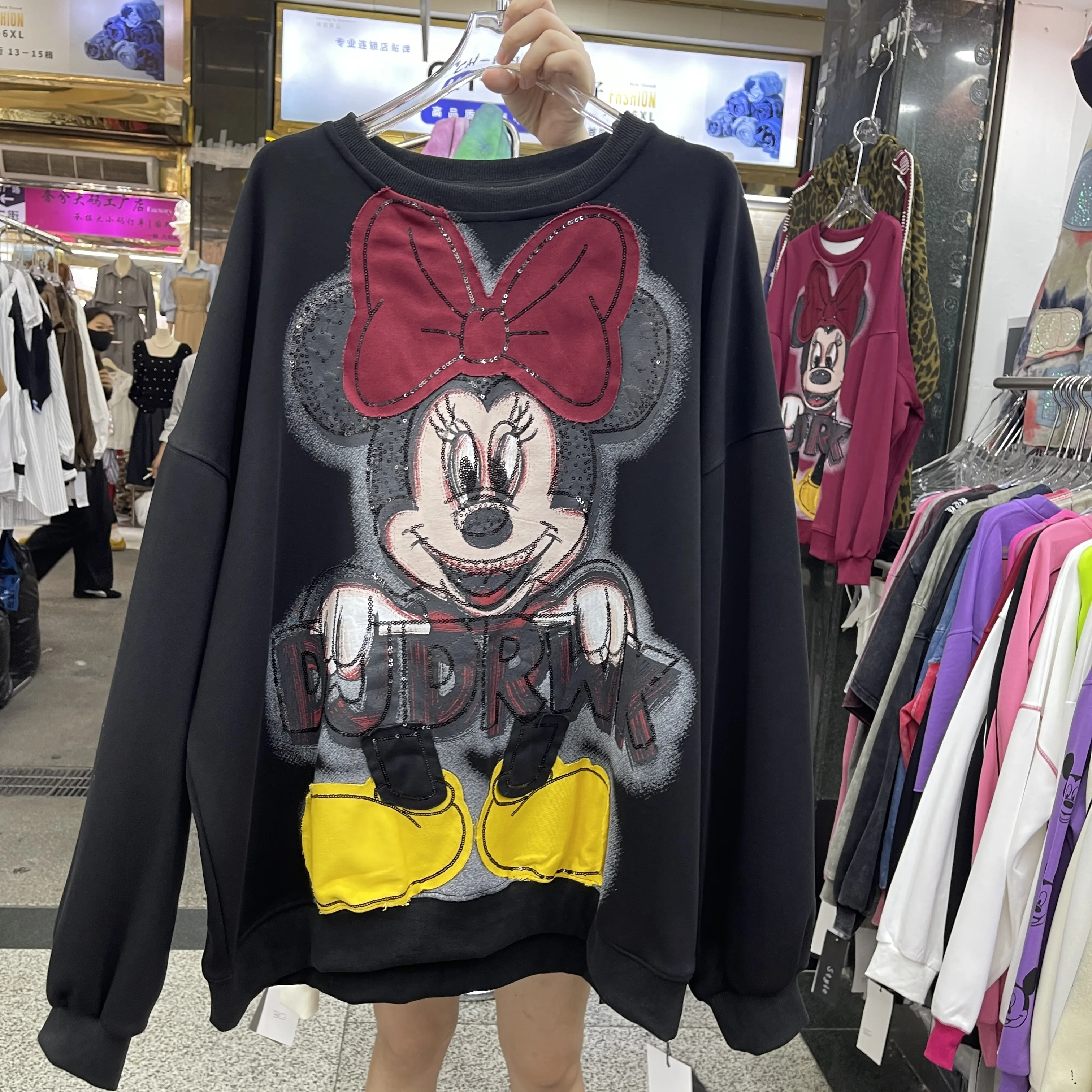 Autumn New Heavy Sequin Print Cartoon Round Neck Pullover Sweatshirt for Women Loose Fashion Long Sleeve Top Oversized Hoodie