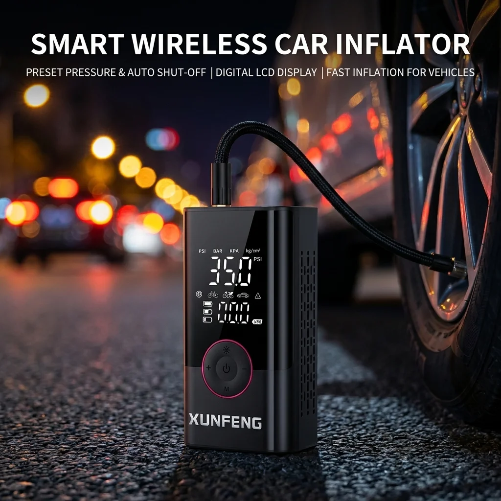 Image of Kabelloser Auto-Luftpumpe Tragbarer Reifenfüller Wiederaufladbar Intelligente Automatische Abschaltung Digitales LCD-Display 150PSI Elektrischer Luftkompressor für Auto Motorrad Fahrrad Ball