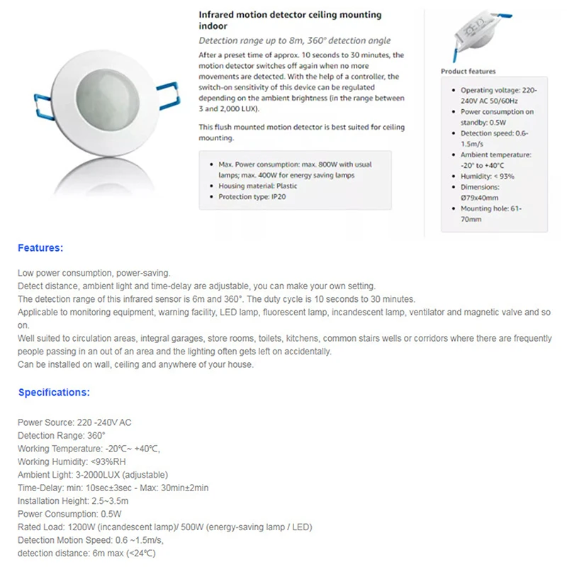 AC 220V-240V LED PIR Infrared Motion Sensor Ceiling Embedded Dual Induction Switch For Lighting