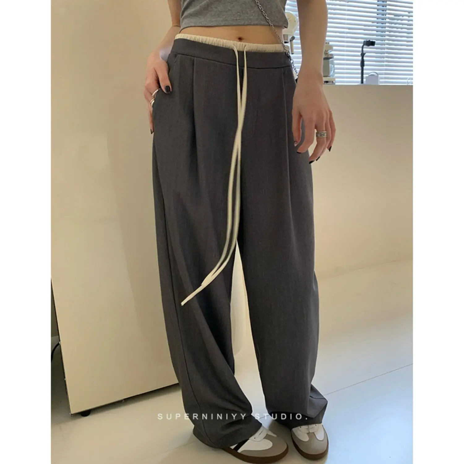 Spring 2024 New Suit Pants Elastic Waist Drawstring Design Loose Slimming Large Long Leg Wide Leg Pants Casual Pants for Women