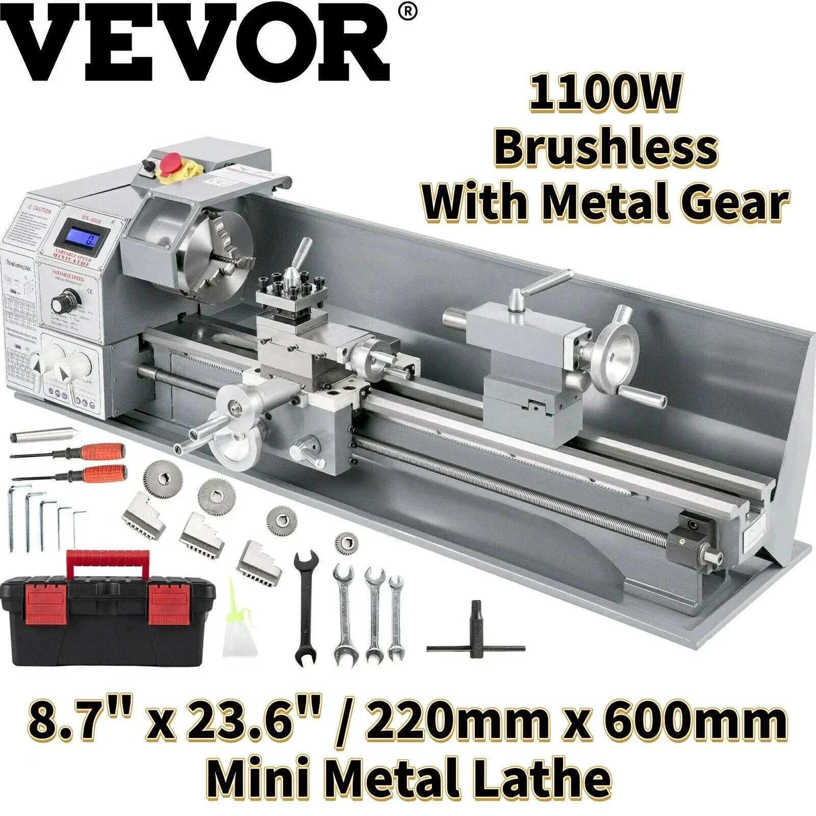 

VEVOR Lathe Machine Metal 1100W Brushless Motor 38mm Spindle Lather 220X600 Mini Lathe Machine LED Screen Display Turning lathe