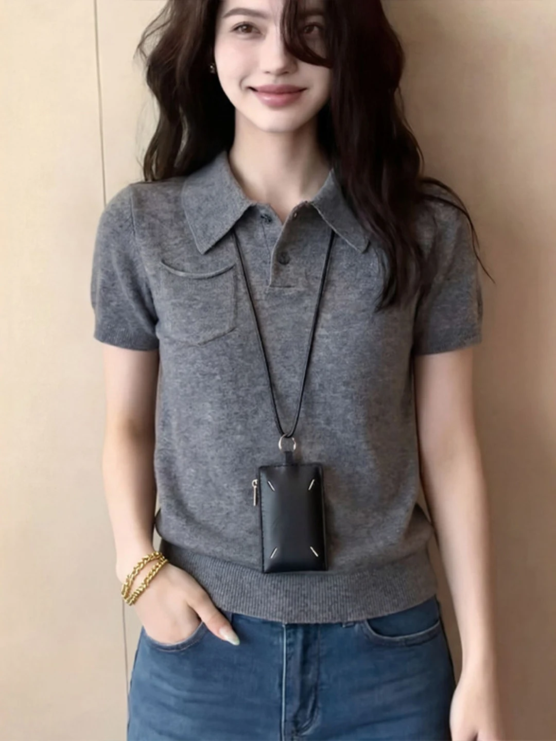 

Retro Simple Grey Collared Short Sleeve Knitwear Women plus Size Summer Slimming Top Korean Style Commute Fashion