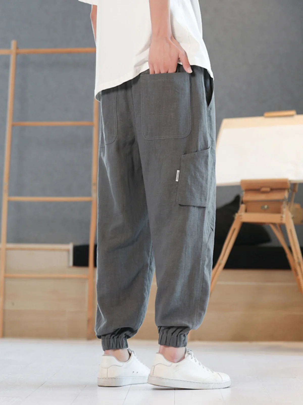 

Мужские летние тонкие хлопковые льняные брюки-харланы свободного кроя с манжетами, дышащие, легкие, повседневные, модные, свободного кроя, длинные