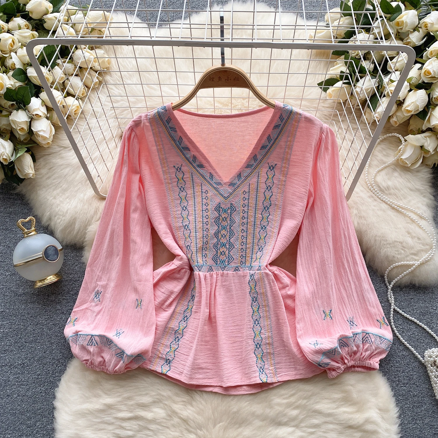 Autumn Women Vintage Ethnic Style Puff Sleeve Embroidery Shirt Ladies V-neck Design Niche Chic Light Luxury Elegant Top