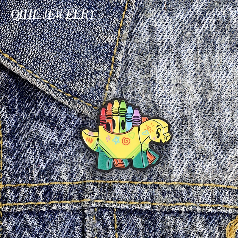 Stegosaurus Dinosaur Crayon Storage Badge Enamel Pins Cute Dinosaur & Colorful Wax Crayons Art Badge Lapel Brooch Jewelry Gifts