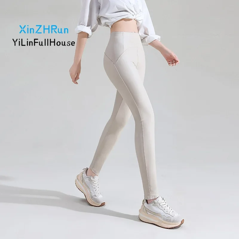 

2024 Autumn Women's Fashion Thin Velvet Imitation Leather Tight Pants High Waist Hip Lifting Sexy PU Windproof Sheepskin Pants