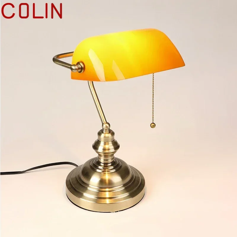 COLIN European Style Table Lamp Simple Design LED Yellow Glass Desk Light Retro Pull Switch for Home Study Office Bedroom