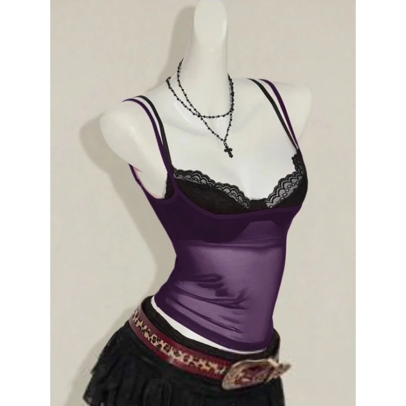Summer sexy vest with see through lace solid color patchwork backless suspender