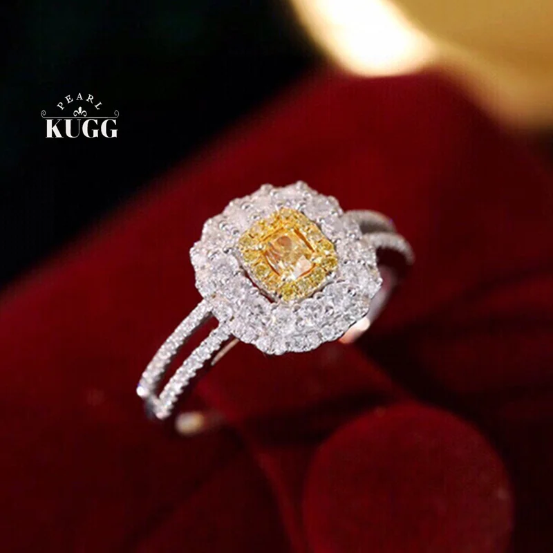 KUGG 100% 18K White Gold Rings Luxury Flower Design Real Natural Yellow Diamond Engagement Ring for Women High Wedding Jewelry