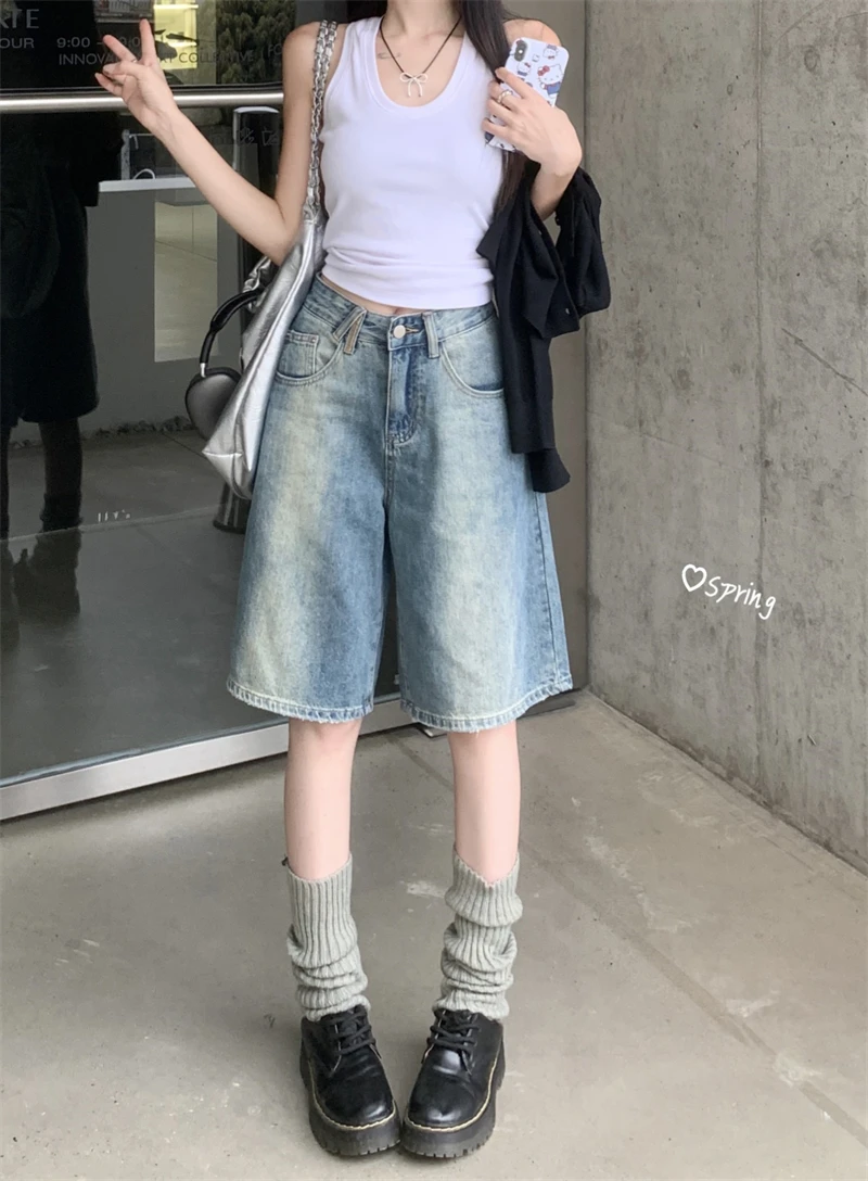 AAA 2024 Summer Korean Y2K Harajuku Jean High Waist Street Style Baggy Shorts For Women Casual Loose Fit Light Blue Denim Shorts