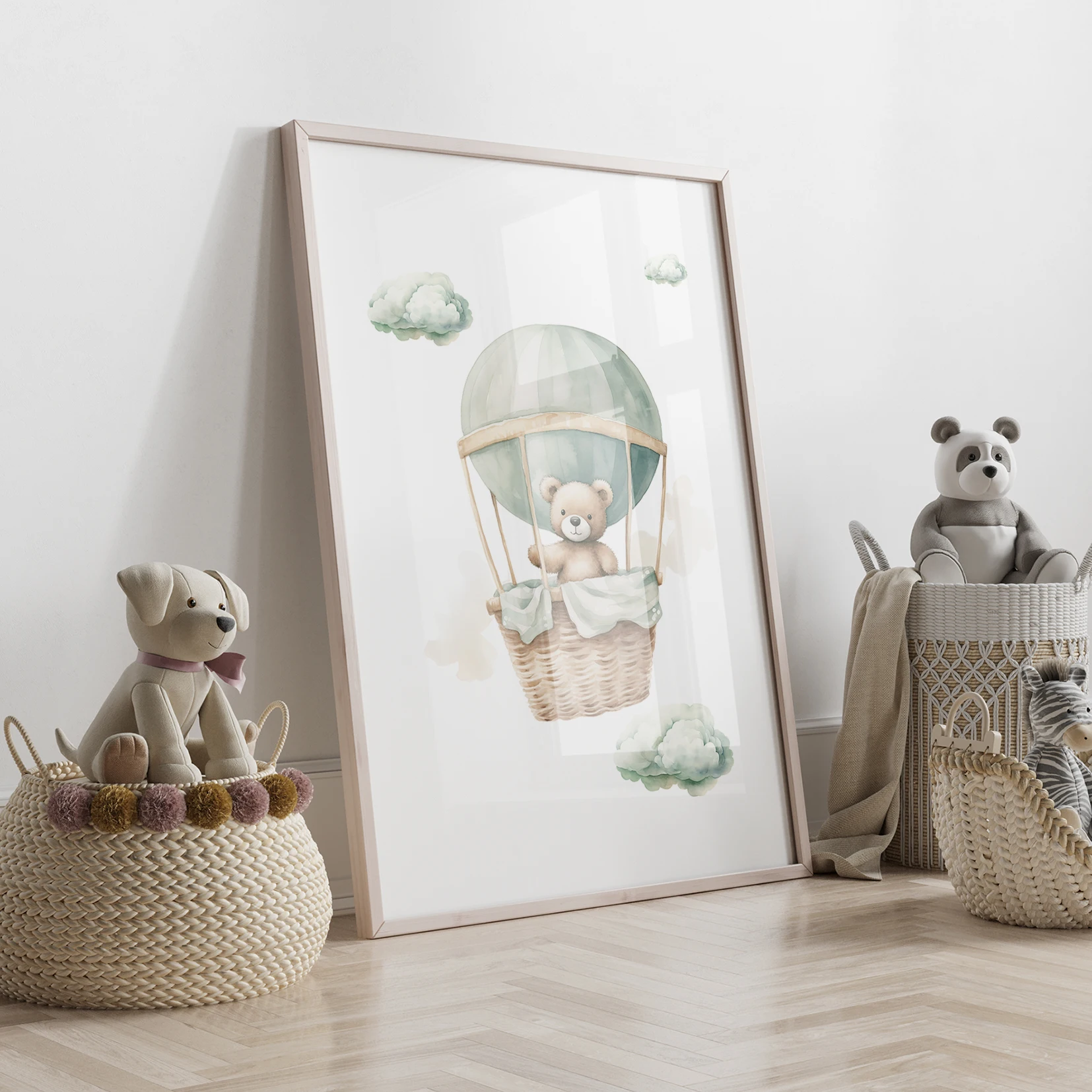 3pcs Cartoon Children Green Teddy Bear Hot Air Balloon Wall Art Prints Canvas Painting Poster Picture For Living Room Home Decor image 4