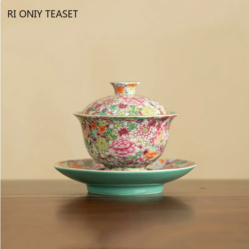 

Chinese Handmade Flowers Ceramic Gaiwan Tradition Enamel Color Tea Tureen Portable Tea Bowl Master Teacup Household Tea Set