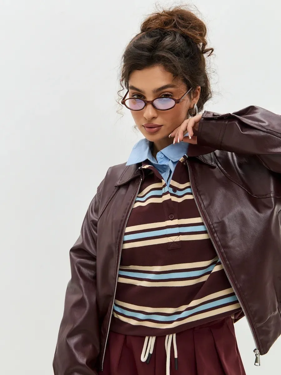 Blubelle Spring Summer New Women's Retro Striped Polo Collar T - Shirt Long Sleeve Patchwork Color Casual Loose Basic Top