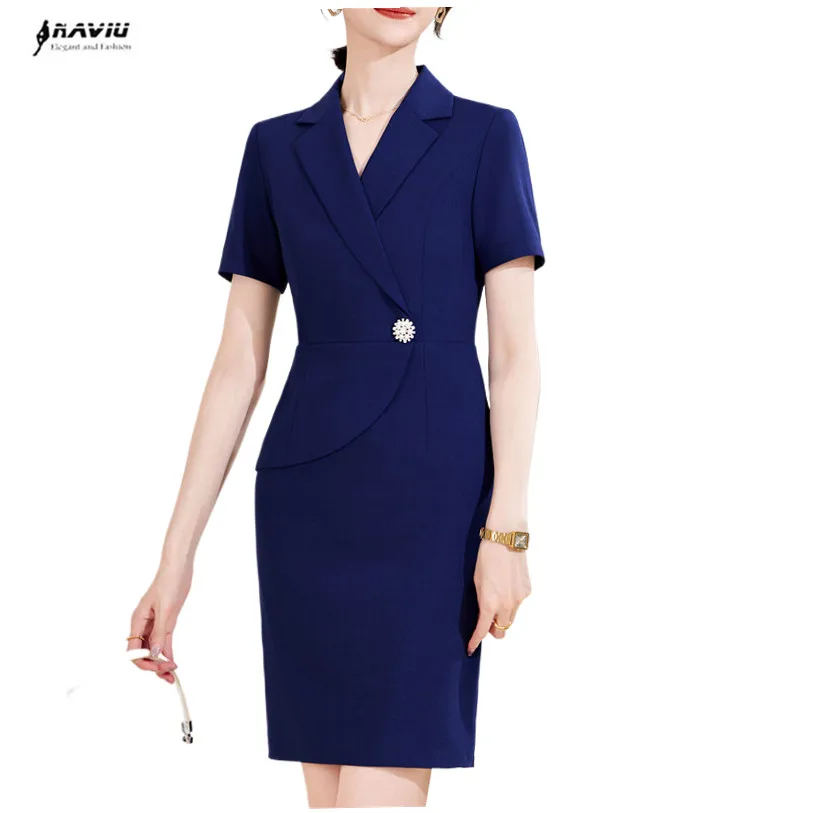 NAVIU Summer Short Sleeve Women Dresses Elegant Blue Slim Hips OL Styles Business Work Wear Dress Ladies Vestidos Career Clothes