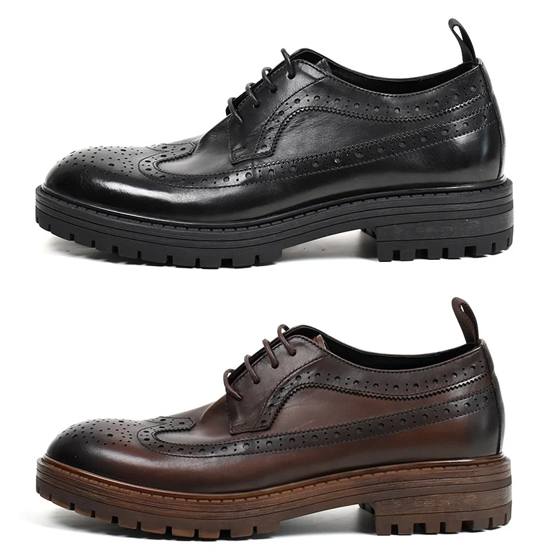 LIHUAMAO Cow leather carving design Oxford shoes for men derby brogue lace up round toe thick outsole leather shoes chunky heel