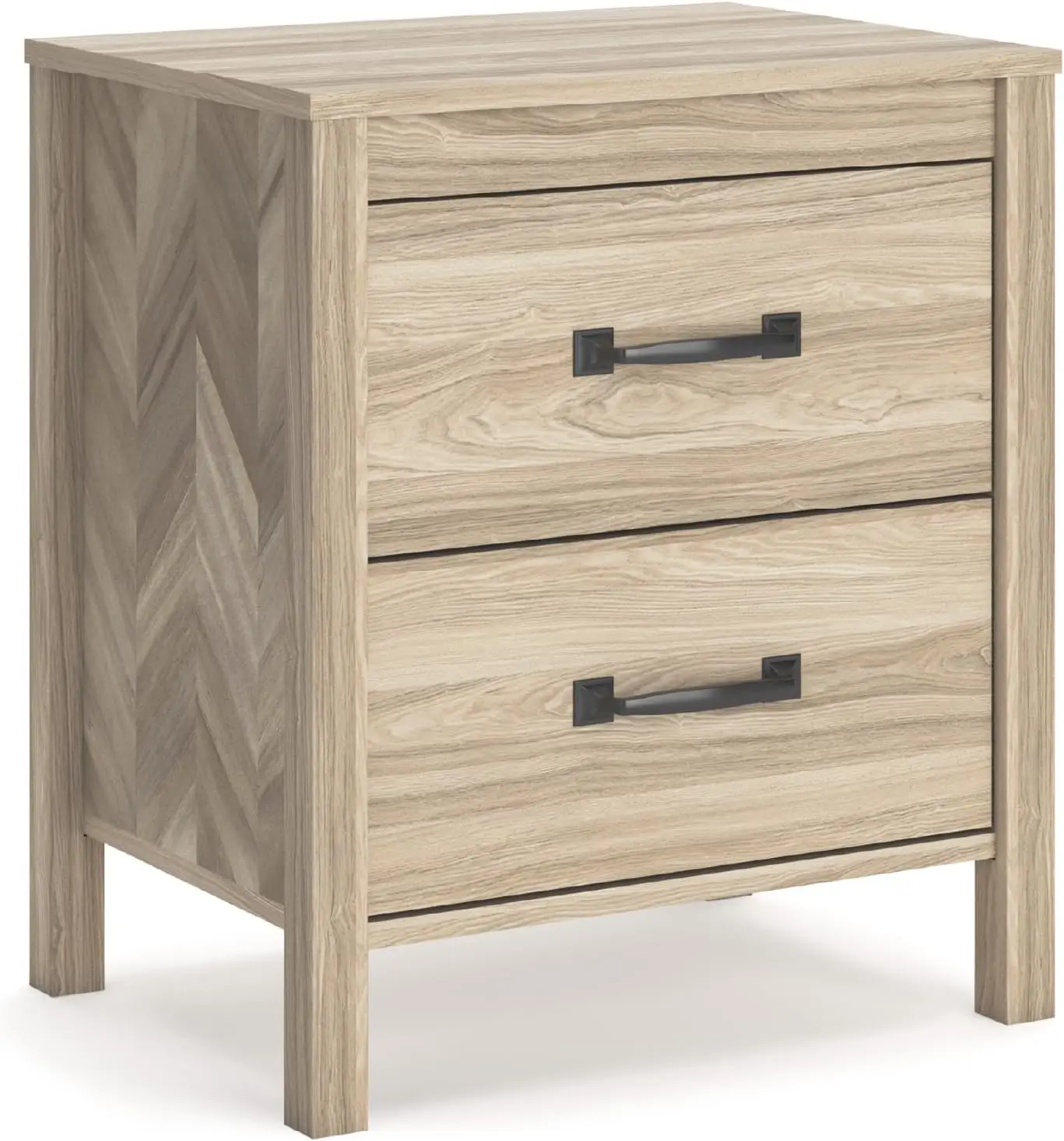 

Mid-Century Modern Nightstand with Chevron Pattern, 2 Storage Drawers, Dark-Color Hardware,