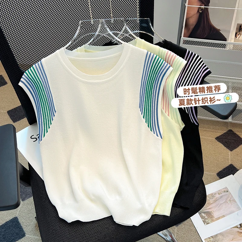 Women\'s Sweater Vests Summer Stylish Chic Fashion Ladies Knitwear Tops Tees Sleeveless O-neck Striped Knit Jumpers Y2k Tops 2024