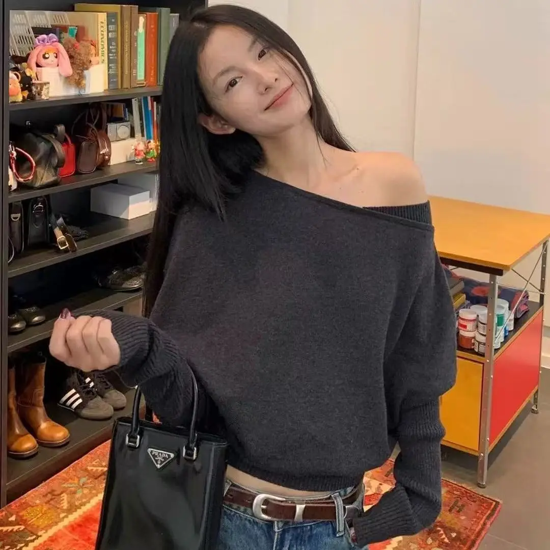 

Off Shoulder Knit Sweater 2025 Autumn Winter Korean Style Lazy Chic Pullover Balmacaan Aesthetic Slouchy Womens Top