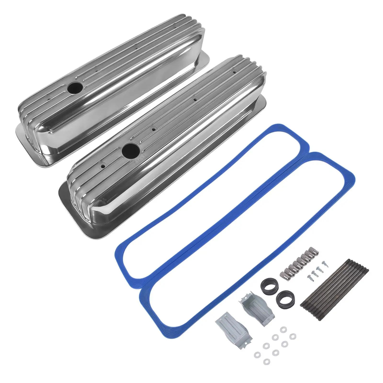 Pokrywy zaworów Vortec z wysokimi aluminiowymi żebrami AP02, polerowane, z centralnym śrubowaniem, czarne, do Chevy SBC 350 450 5.0L-5.7L