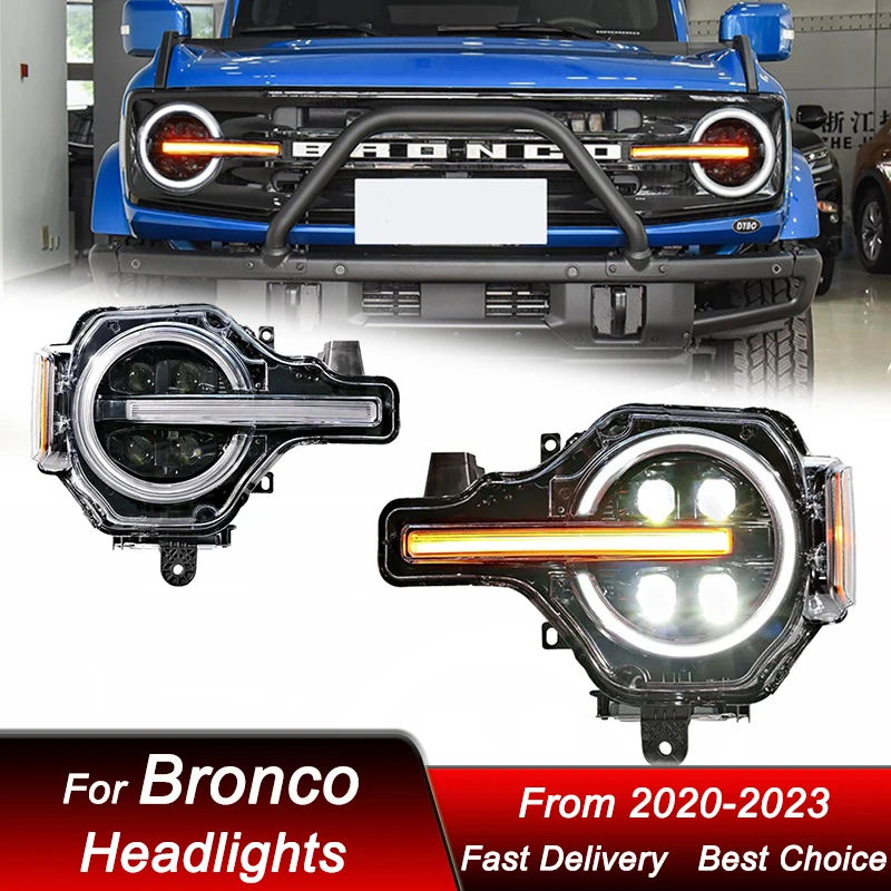 

Поп-автомобильные фары для Ford Bronco 2023-2023, 4-объектив, новый стиль, полностью светодиодные автомобильные фары в сборе, обновление, аксессуары для линз проектора