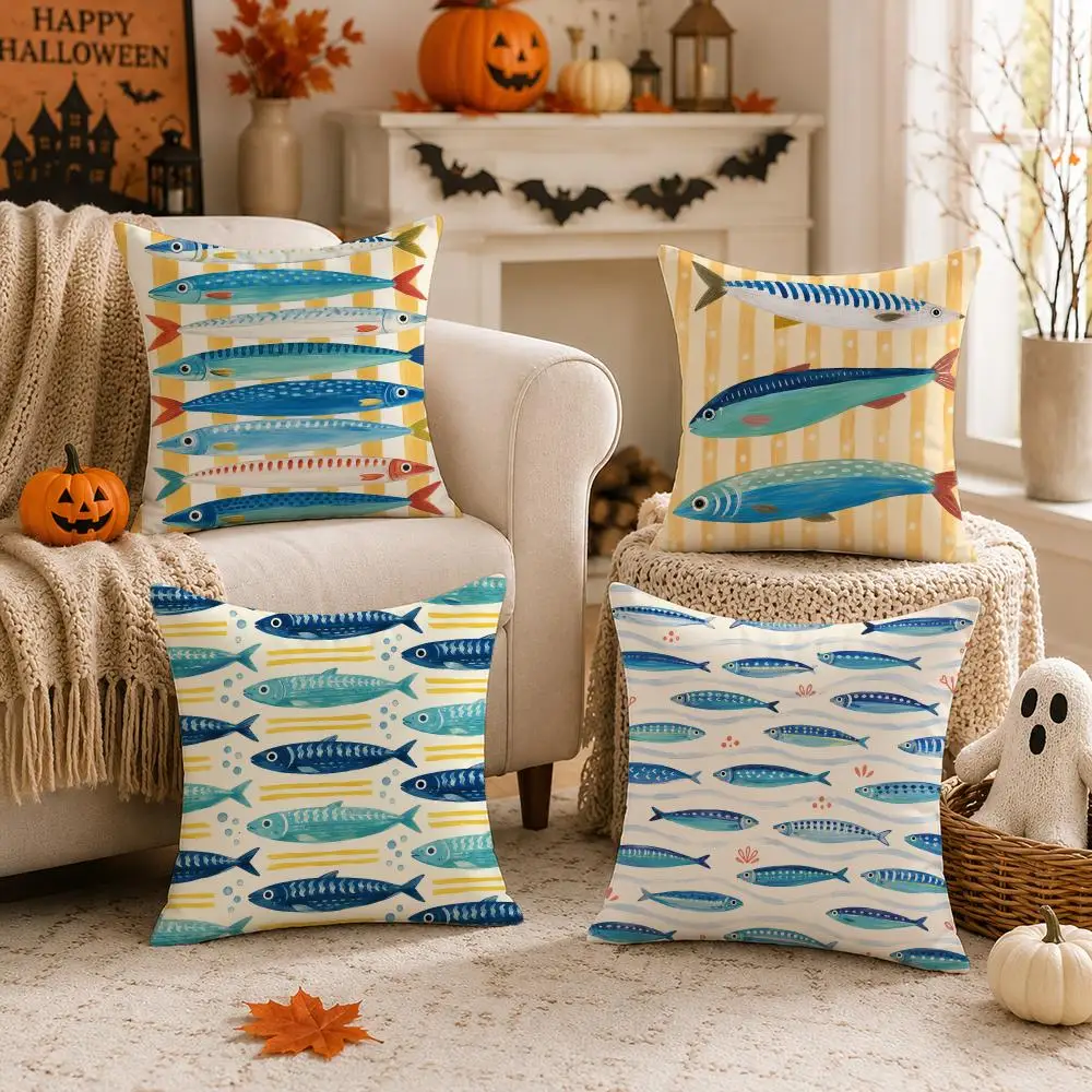 2D-Flat Nautical Coastal Throw Pillow Covers with Ocean Fish & Lobster Designs Sofa chair cushion cover2D-Flat Cushion Cover