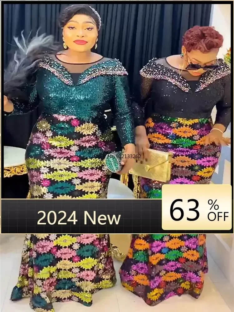 

African Long Luxury Evening Dresses For Women 2023 New Fashion Plus Size Turkey Bodycon Sequins Party Dress Dashiki Ankara Robe