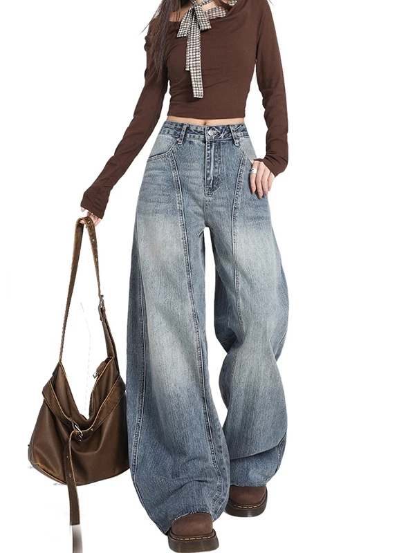 

Ретро американские нейтрально-синие деконструированные джинсы с ножом, женские свободные драпированные широкие брюки с косой, джинсовые брюки с высокой талией