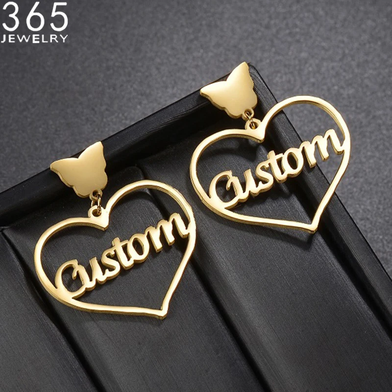 

Trendy Customized Name Butterfly Stud Earrings for Women Heart Pendant Letter Earrings Lover Birthday Gift Personalized Jewelry