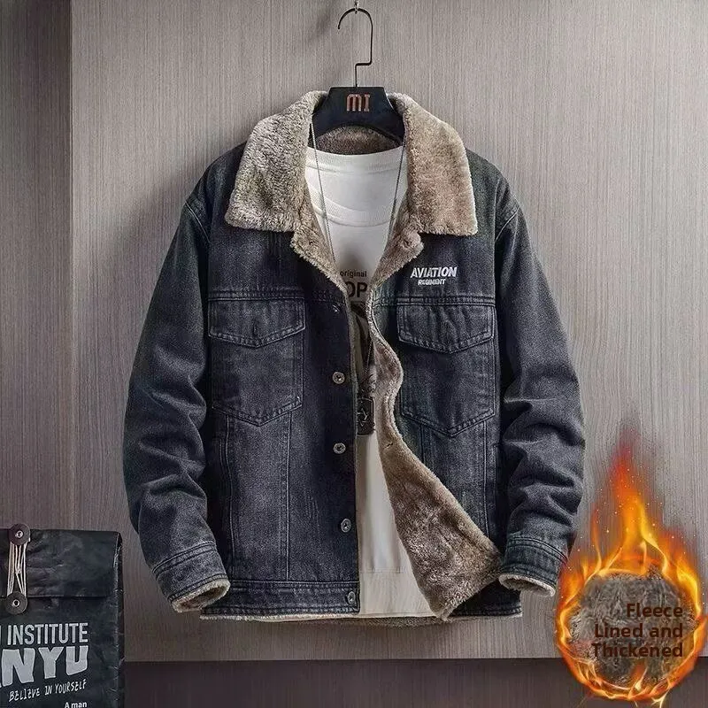 

Men's Fce Lined ort Denim Jaet Vintage American Sle Cotton Workwear Jaet Youth Trend Spring Autumn Stand Fit