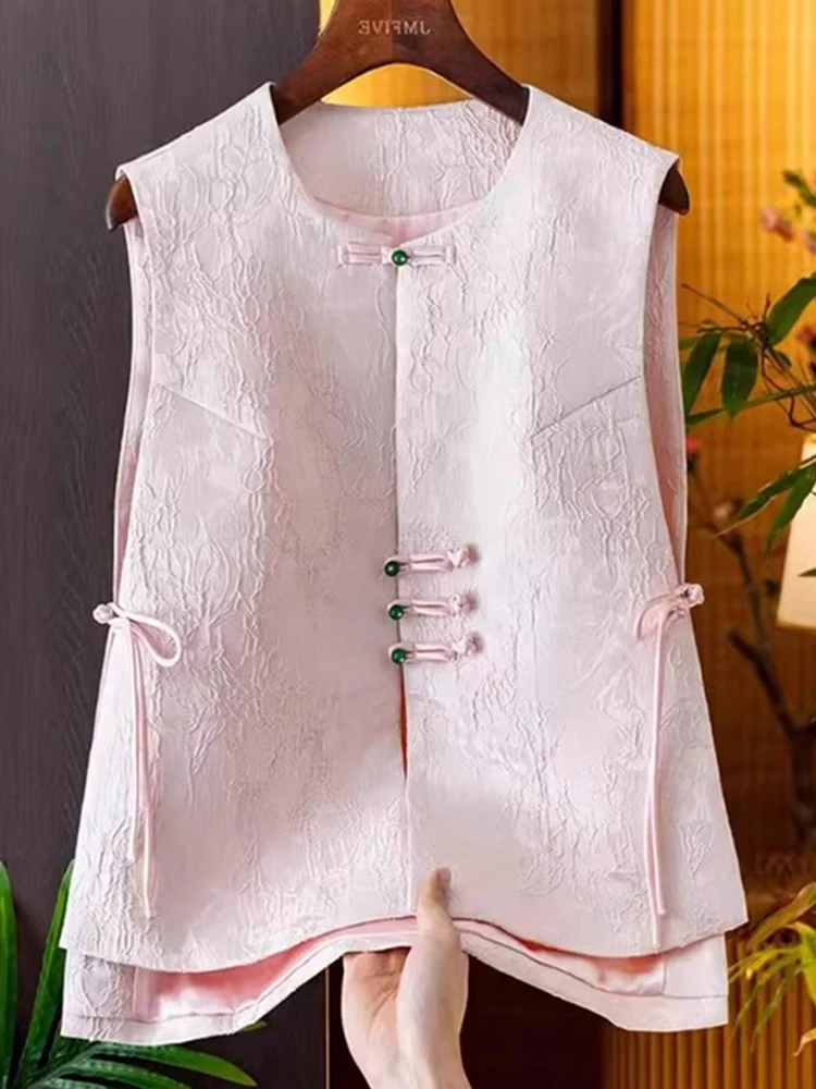 

Новый женский жилет в китайском стиле, розовый топ с цветочной вышивкой и пуговицами, круглый топ обычной длины