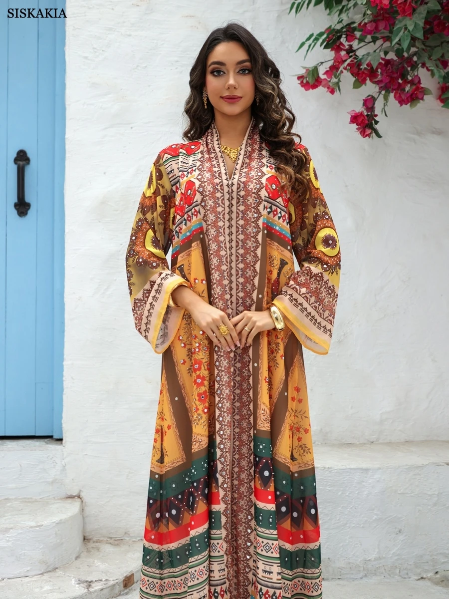 Siskakia luxo impressão mulher vestido de noite muçulmano abaya com strass roupas femininas marroquinas