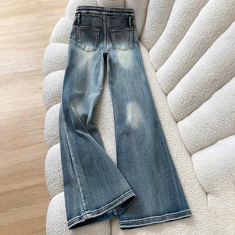 Vintage Gradient Blue Denim Pants for Women High Waist Slim Flared Jeans Streetwear Daily Wear Long Bell-bottomed Trousers