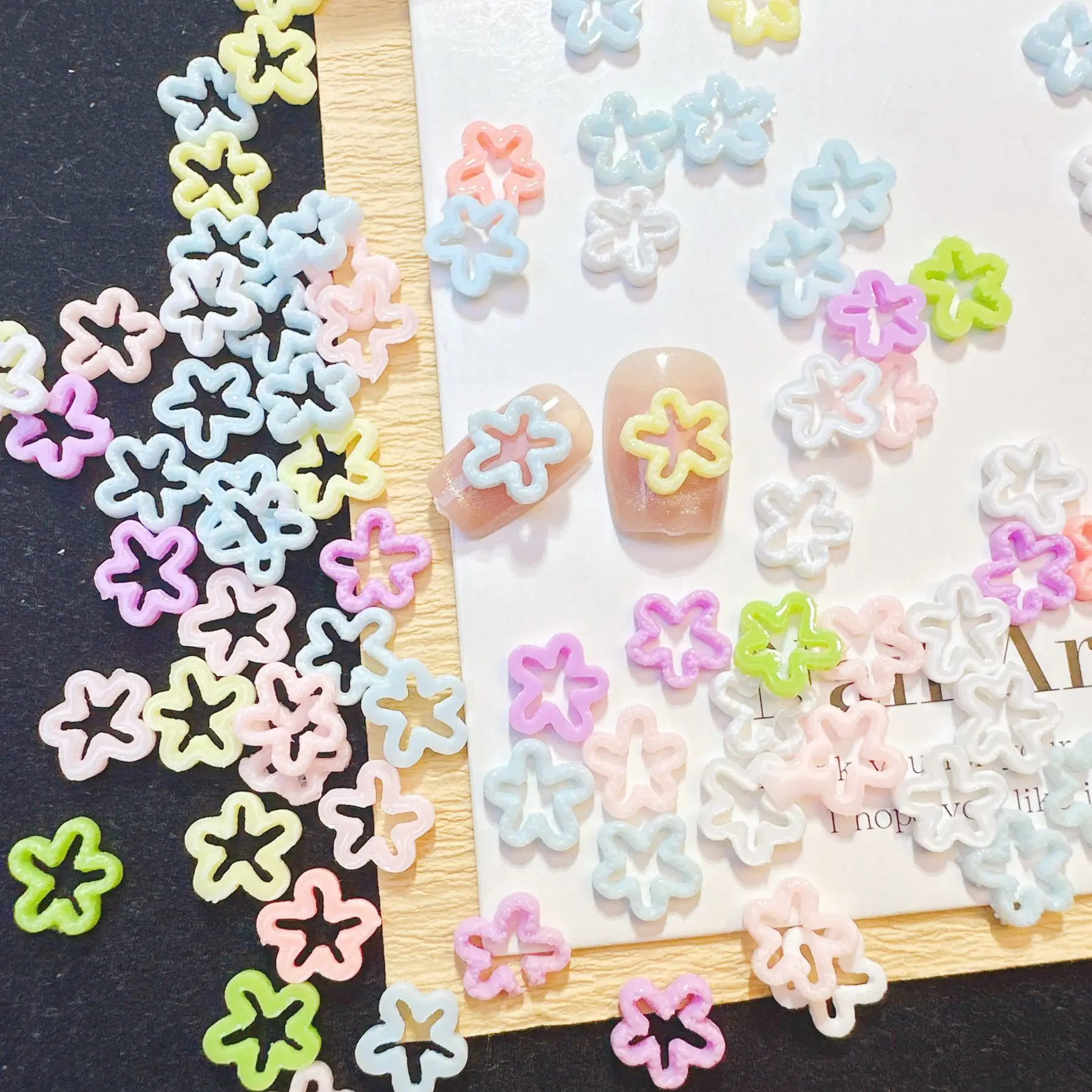 100Pcs Korean Hollow Flower Nail Charms - Macaron 3D Blossom Nail Art, Versatile Press-On Nail Decor for Manicures