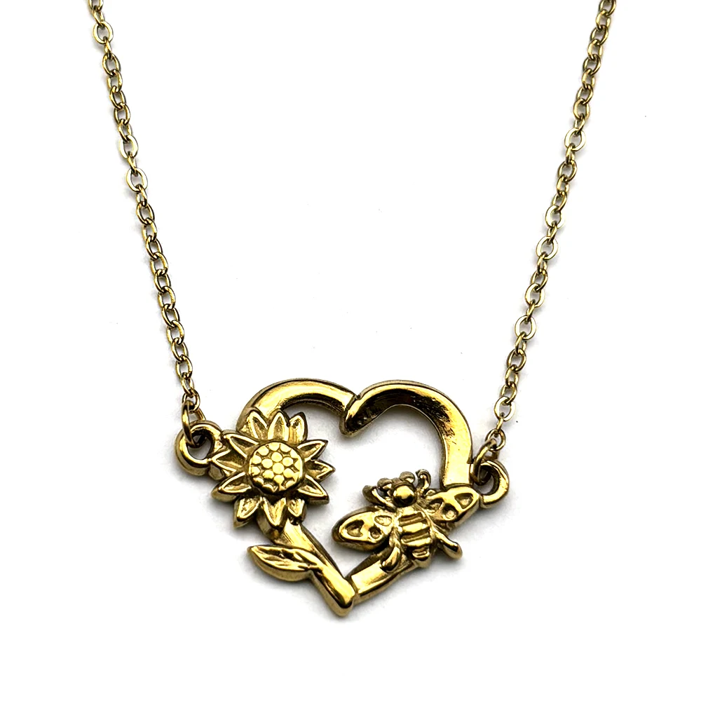 Bee Love Flower Pendant Necklace For Women Men Stainless Steel Silver Color Heart Couple Meaningful Valentine's Day Gift Jewelry view 5