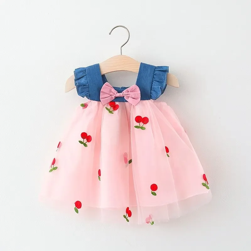 Summer Girls Suspender Dress Baby Girl Cherry Embroidered Mesh Denim Patchwork Small Flying Sleeve Princess Skirt