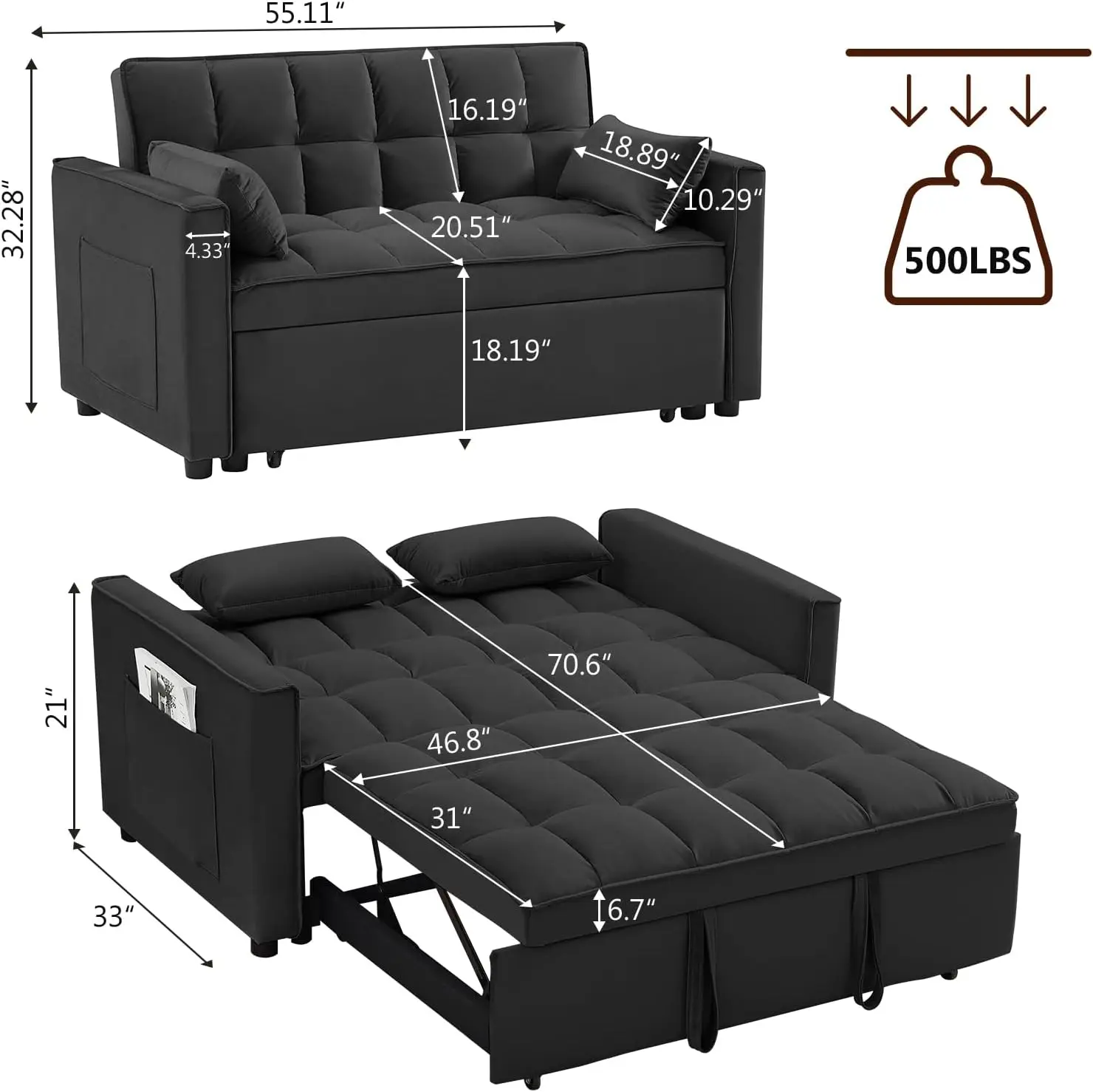 3 in 1 Loveseat Sofa Bed, Pull Out Couch Sleeper with Storage, Full Size Velvet Convertible Chair with 2 Pockets & 2 Pillows